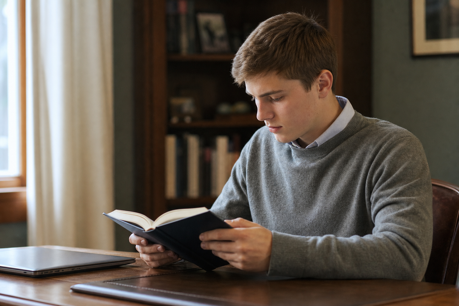 A student reading at a desk