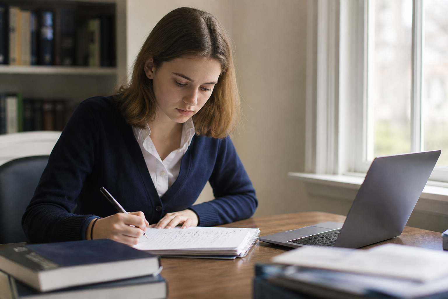 A student writing at a desk with a laptop
